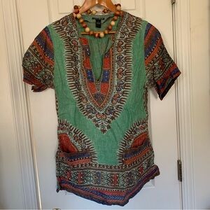Vintage Lucky Brand Dashiki Print Short Sleeve Tunic Top